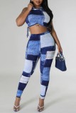 Blue Casual Print Bandage Hooded Collar Sleeveless Two Pieces