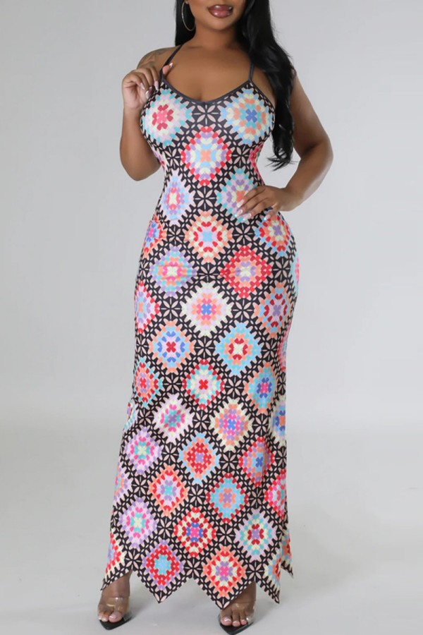 Multicolor Sexy Print Frenulum Backless Spaghetti Strap Long Dress Dresses