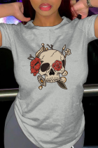 Grå Street Print Skull Patchwork O-hals T-shirts