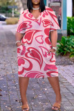 Light Pink Casual Print Patchwork V Neck Short Sleeve Dress