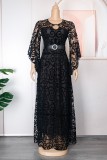Zwarte casual patchwork uitgeholde doorzichtige lange jurk met ronde hals Grote maten jurken