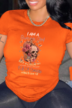 Orange Street Vintage Print Skull Patchwork O Neck T-Shirts