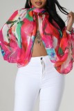 Rose Red Casual Print Patchwork Slit Half A Turtleneck Tops