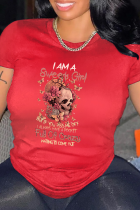 T-shirts à col rond en patchwork de tête de mort à imprimé vintage Red Street