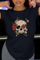 Svart Street Print Skull Patchwork O-hals T-shirts