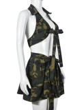 Camouflage Sexy Casual Camouflage Print Bandage Backless Halter Senza maniche Due pezzi