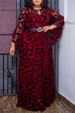 Red Casual Patchwork Hollowed Out See-through O Neck Long Dress Plus Size Dresses