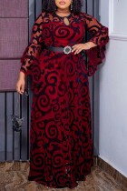 Rode casual patchwork uitgeholde doorzichtige lange jurk met lange hals Grote maten jurken