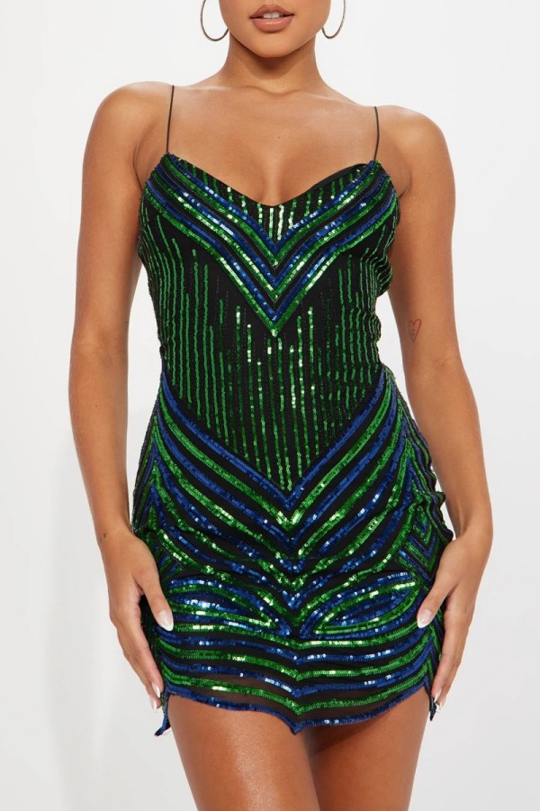Green Sexy Patchwork Sequins Backless Spaghetti Strap Sleeveless Dress Dresses