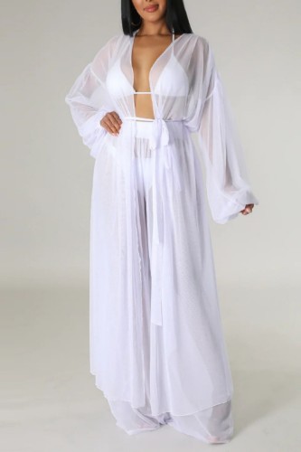 White Sexy Solid See-through Cardigan Long Sleeve Two Pieces