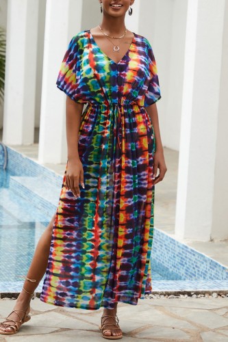 Multicolor Casual Print Patchwork Slit V Neck Beach Dress Dresses