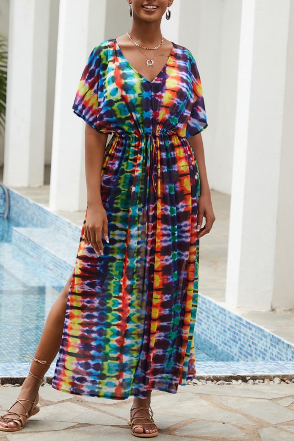Многоцветное повседневное пляжное платье с принтом в стиле пэчворк и разрезом с V-образным вырезом Платья