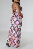 Multicolor Sexy Print Frenulum Backless Spaghetti Strap Long Dress Dresses