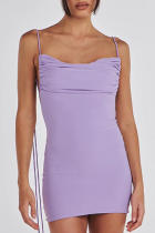 Фиолетовые сексуальные однотонные платья без спинки со складками на бретельках