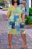 Olivgrön Casual Print Patchwork V-ringad kortärmad klänning