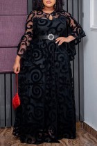 Zwarte casual patchwork uitgeholde doorzichtige lange jurk met ronde hals Grote maten jurken