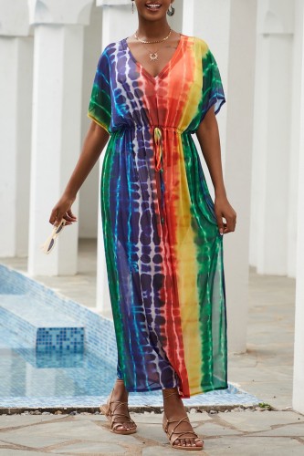 Multi-color Casual Print Patchwork Slit V Neck Beach Dress Dresses