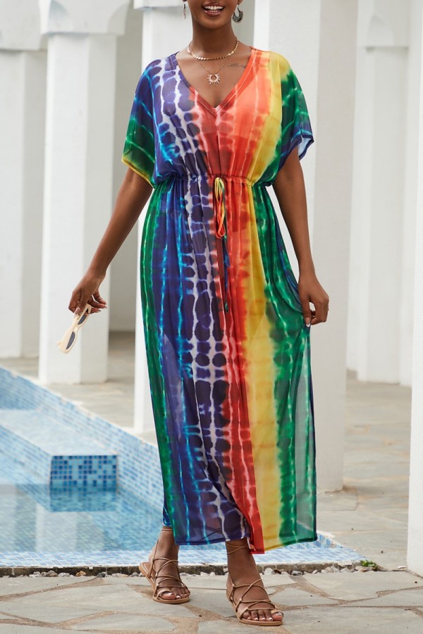 Mehrfarbiges, lässiges, bedrucktes, Patchwork-Strandkleid mit Schlitz und V-Ausschnitt