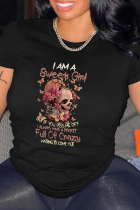 T-shirts à col rond en patchwork de tête de mort à imprimé vintage de rue noir