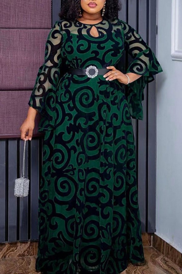 Зеленое повседневное лоскутное открытое прозрачное длинное платье с круглым вырезом Платья больших размеров