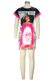 Black Casual Print Patchwork O Neck Short Sleeve Dress