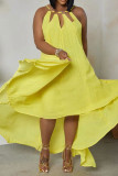 Gelbe, sexy, lässige, solide, ausgehöhlte, asymmetrische, ärmellose Kleider mit O-Ausschnitt