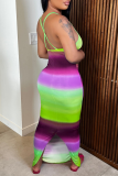 Fluorescerende groene casual geleidelijke verandering backless split spaghetti band een stap rok jurken