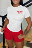 White Casual Letter Print Basic O Neck Short Sleeve Two Pieces