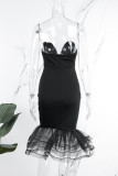 ブラック セクシー フォーマル ソリッド バックレス ストラップレス イブニング ドレス ドレス
