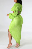 Yellow Sexy Solid Frenulum Slit V Neck Long Sleeve Two Pieces
