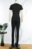 Black Casual Sportswear Solid Basic O Neck Short Sleeve Two Pieces