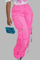 Флуоресцентные розовые повседневные однотонные рваные джинсовые джинсы колледжа в стиле пэчворк с карманами и высокой талией