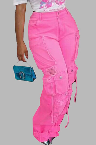 Calça jeans jeans fluorescente rosa casual universitária sólida rasgada com patchwork de bolso alto cintura alta
