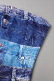 Blaue Patchwork-Kleider mit trägerlosem Wickelrock und Street-Print