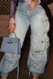 Fluorescent Pink Casual College Solid Make Old Patchwork Pocket High Waist Baggy Wide Leg Ripped Denim Jeans