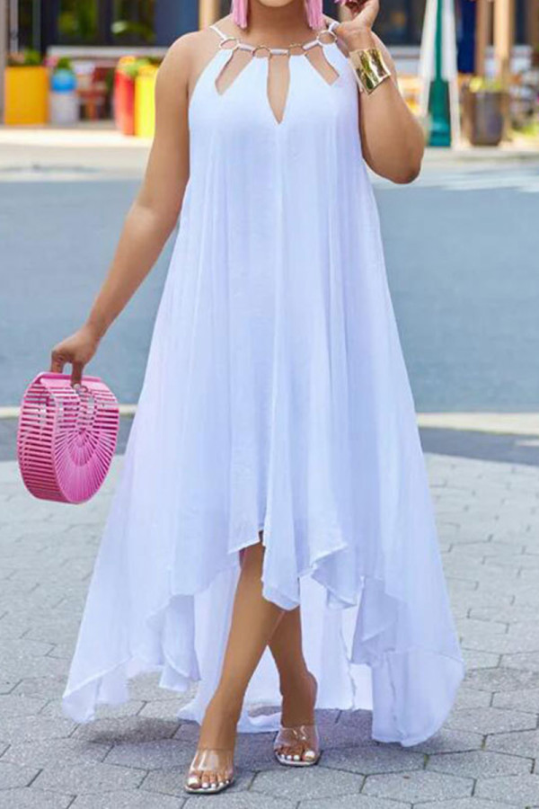 Белое сексуальное повседневное сплошное выдолбленное асимметричное платье без рукавов с круглым вырезом Платья