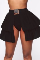 Jupe de couleur unie conventionnelle taille haute en patchwork uni noir sexy (sans culotte)