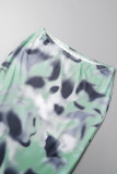 Conjunto de duas peças com blusa e saia de manga comprida verde casual estampada tie-dye