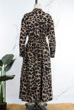 Vestidos de manga longa com estampa de leopardo e estampa casual de café