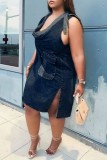 Navy Blue Casual O Neck Sleeveless Side Slit Tie Shoulder Denim Mini Dresses