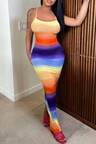 Light Orange Casual Gradual Change Backless Slit Spaghetti Strap One Step Skirt Dresses