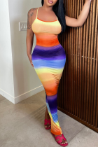 ライトオレンジカジュアル段階変化バックレススリットスパゲッティストラップワンステップスカートドレス