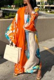 Orange Casual Print Cardigan Outerwear