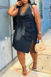 Navy Blue Casual O Neck Sleeveless Side Slit Tie Shoulder Denim Mini Dresses