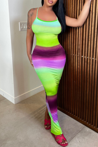 Fluorescent Green Casual Gradual Change Backless Slit Spaghetti Strap One Step Skirt Dresses