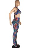 Blue Sexy Print Bandage Backless Halter Sleeveless Two Pieces