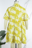 Gelbes, lässig bedrucktes, Patchwork-Hemdkleid mit Umlegekragen und Kleider in Übergröße