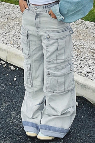 Lichtblauwe straat geleidelijke verandering patchwork zak hoge taille losse denim jeans