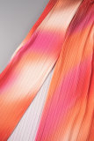 Orange Sexy Print Tie Dye ausgehöhlter, geschlitzter, schräger Kragen, langes Kleid