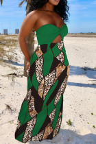 Green Sexy Casual Print Hollowed Out Backless Strapless Long Dress Dresses
